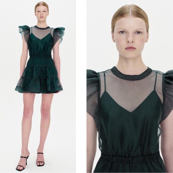 Jonathan Simkhai Monique Ruffle Sheer Organza Tulle Tiered Green Mini Dress Sz 2 - Picture 2 of 10